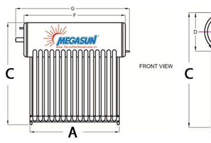 Thông số kích thước máy nước nóng năng lượng mặt trời MEGASUN là bao nhiêu?